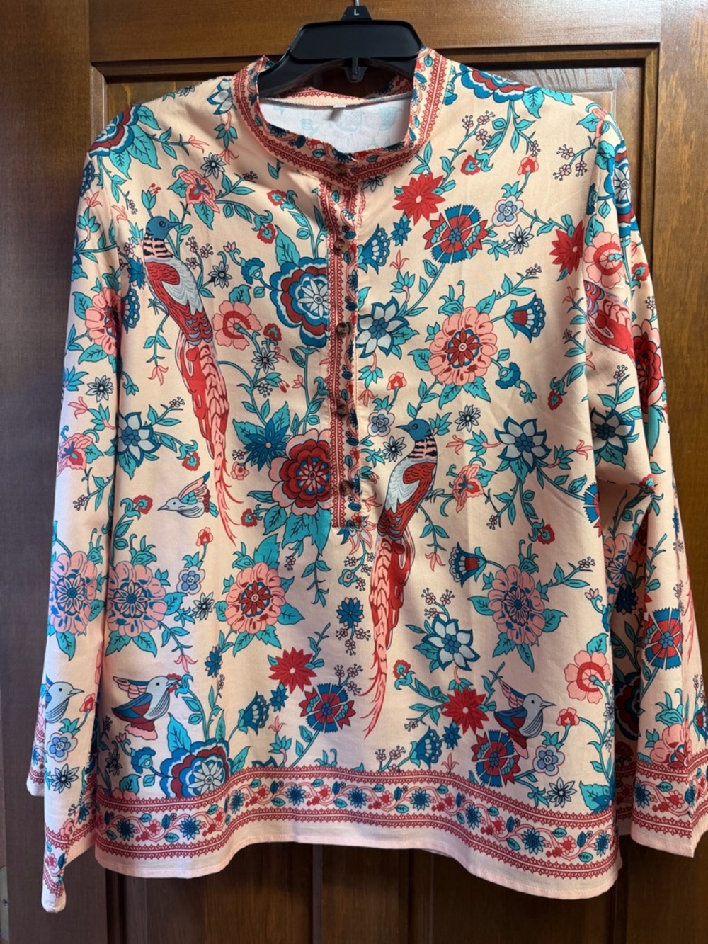 Floral & Bird Print Long Sleeve Tunic - Peach Teal Coral